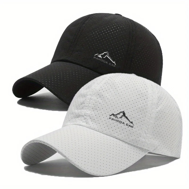 A black and white unisex quick dry baseball cap set featuring a mountain logo.