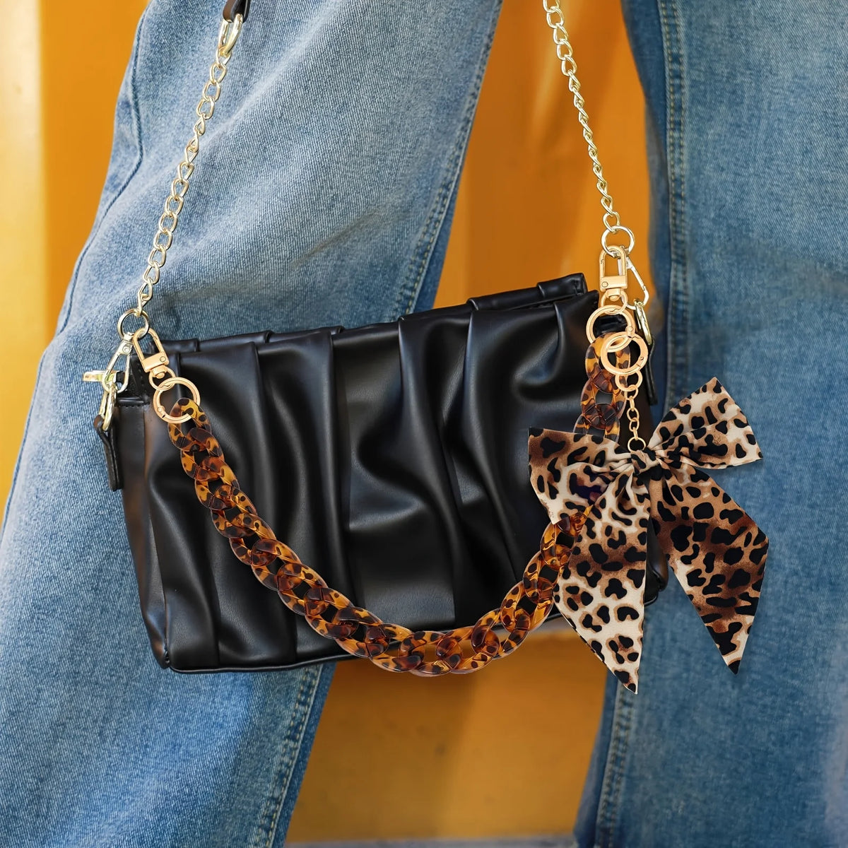 Leopard Print Acrylic Handbag Chain Strap with Bow Charm