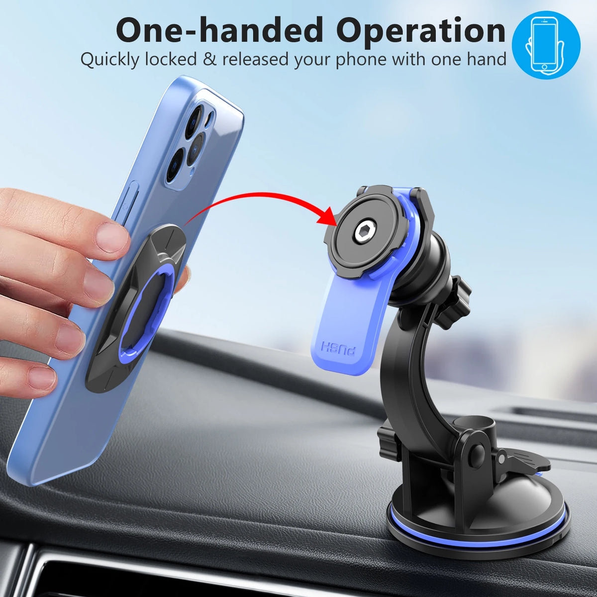 A hand demonstrates a one-handed operation of a blue phone with a black rotating car mount device.