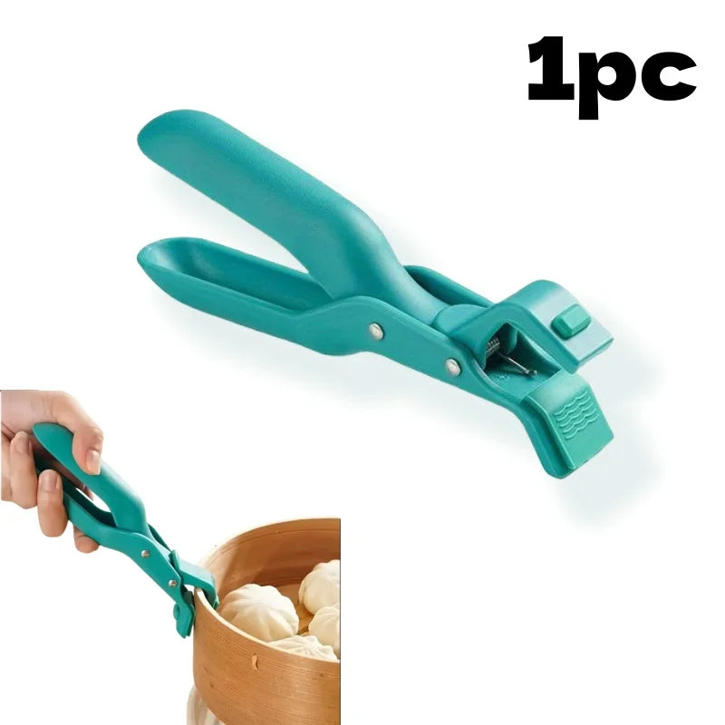 A teal silicone bowl and plate gripper clip is shown being used to hold food in a wooden bowl.