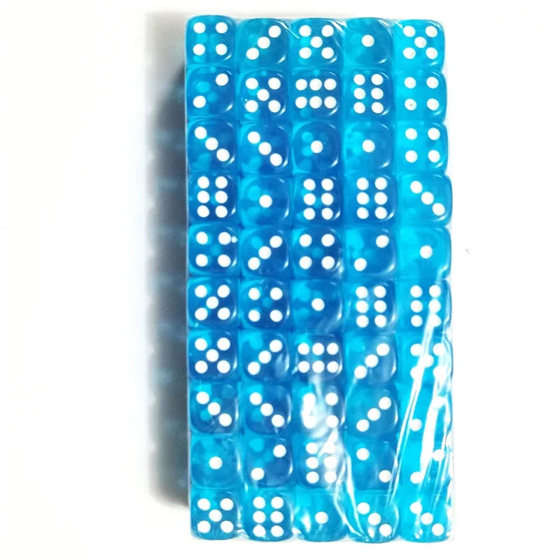 A pack of 100 transparent blue acrylic D6 dice used for role-playing and board games.