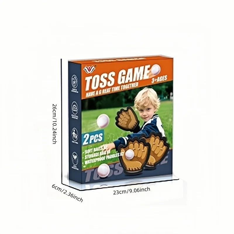 A box of a Toss Game set containing two leather-look throwing gloves and two balls for kids.