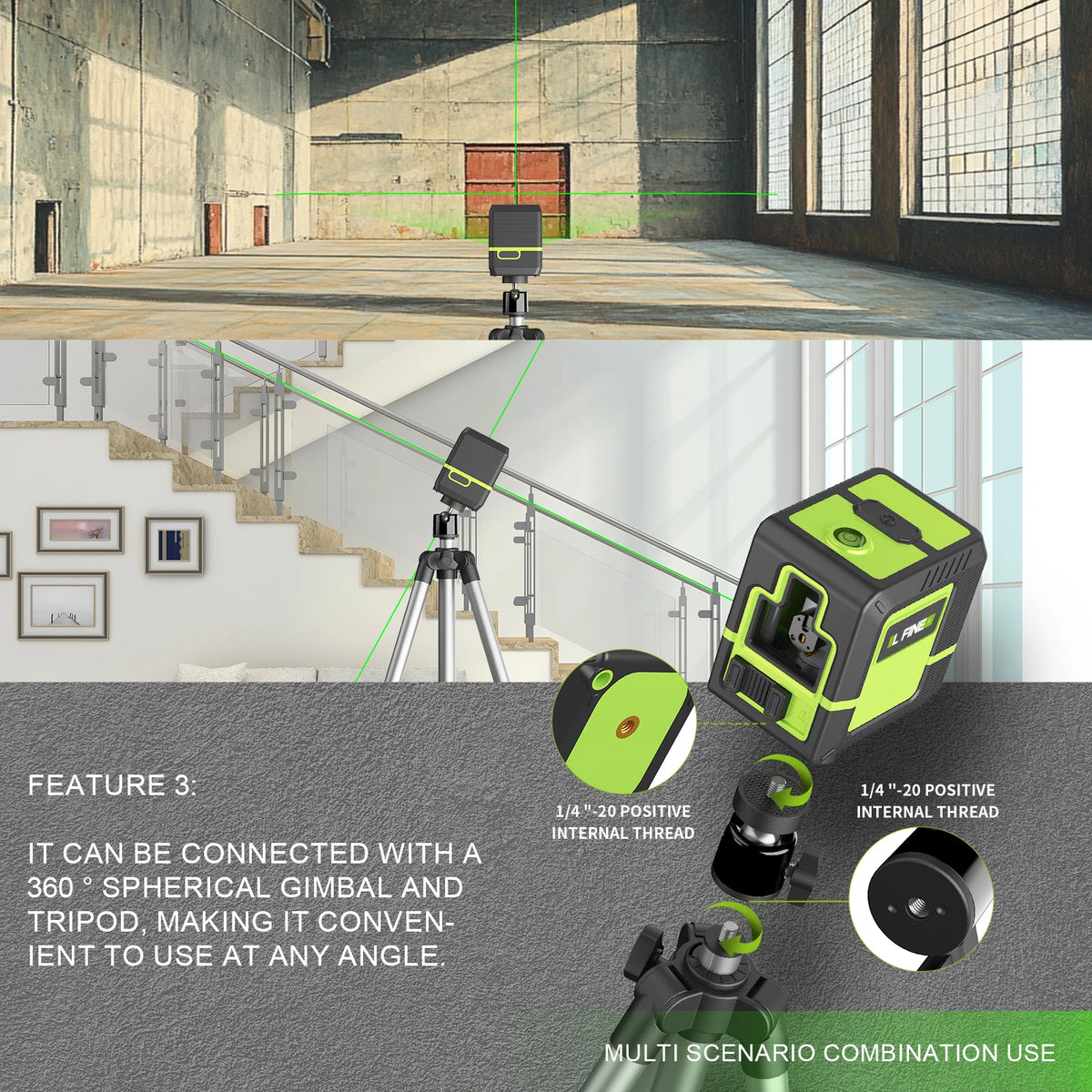 A self-leveling cross line laser level mounted on a tripod, shown in an industrial setting with various usage scenarios.