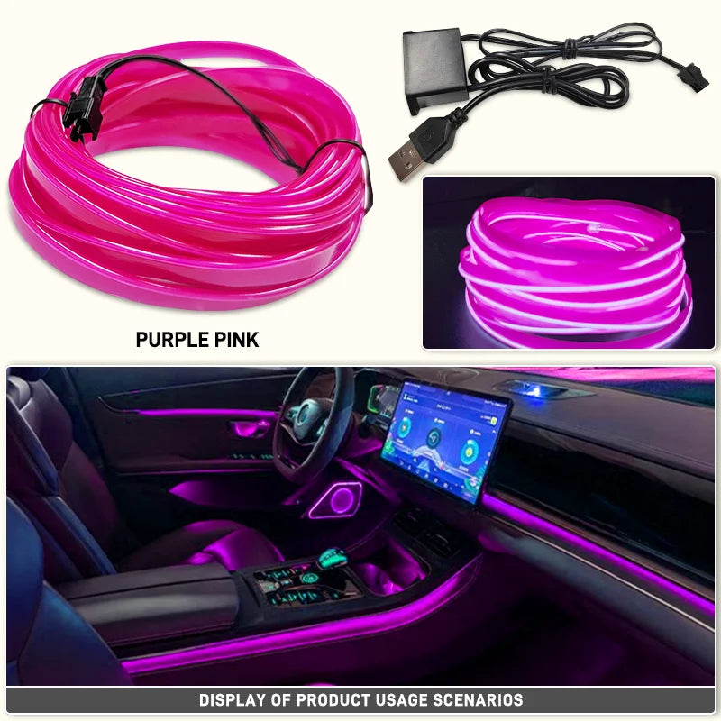 Purple pink flexible USB LED neon strip ambient lighting installed in a car interior dashboard.