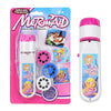A pink and white projector flashlight for kids featuring mermaid themes and various colorful images.