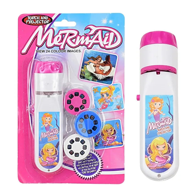 A pink and white projector flashlight for kids featuring mermaid themes and various colorful images.