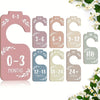 A set of wooden baby closet dividers with age markers 0-3, 3-6, 6-9, 9-12, 12-18, 18-24, and 24+ months.
