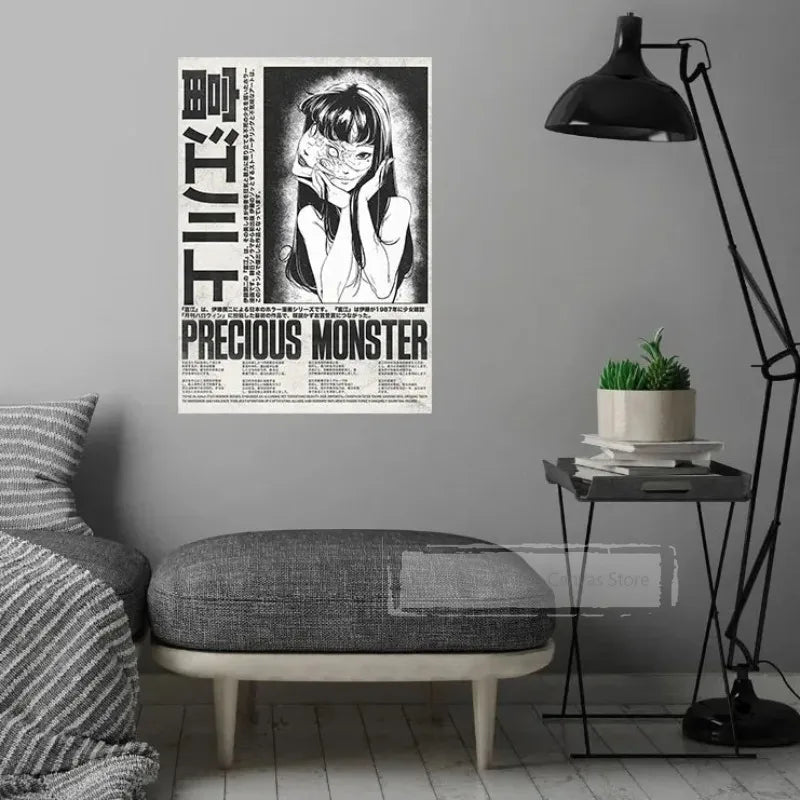 A poster featuring a black and white illustration of a character titled Precious Monster displayed on a gray wall.