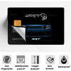 A black card holder displaying an SRT logo and a blue car silhouette, with features listed below.
