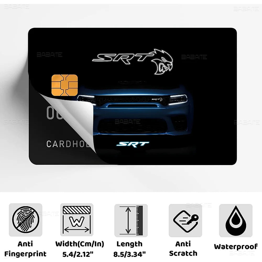 A black card holder displaying an SRT logo and a blue car silhouette, with features listed below.