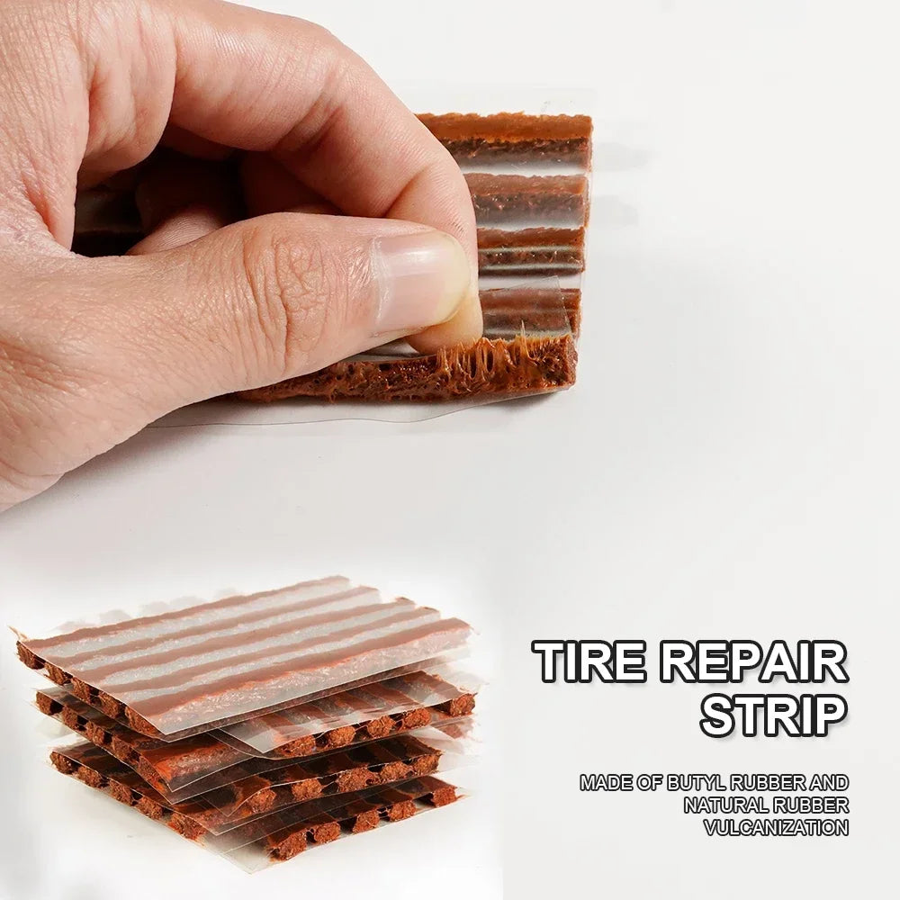 A hand is holding and separating strips of tire repair material made of butyl rubber and natural rubber vulcanization.