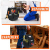 A black heavy-duty tool bag is shown being used by a repairman in an orange-lit workshop environment.