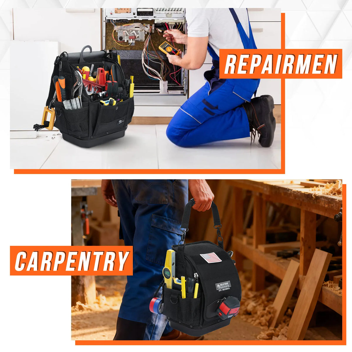 A black heavy-duty tool bag is shown being used by a repairman in an orange-lit workshop environment.