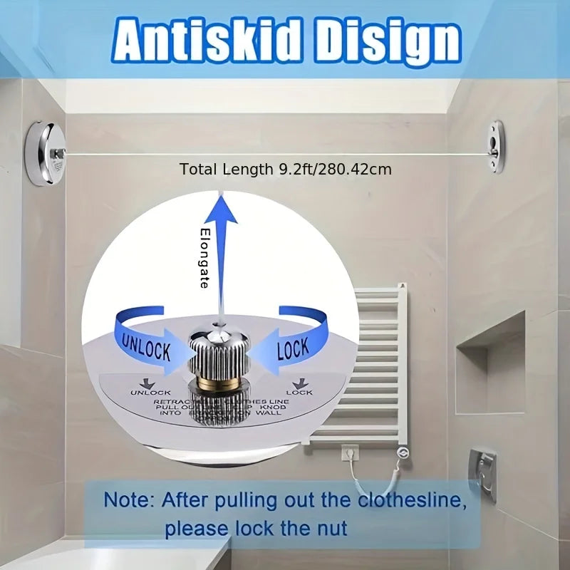 Antiskid design for a retractable stainless steel wall-mounted clothesline with unlock and lock features