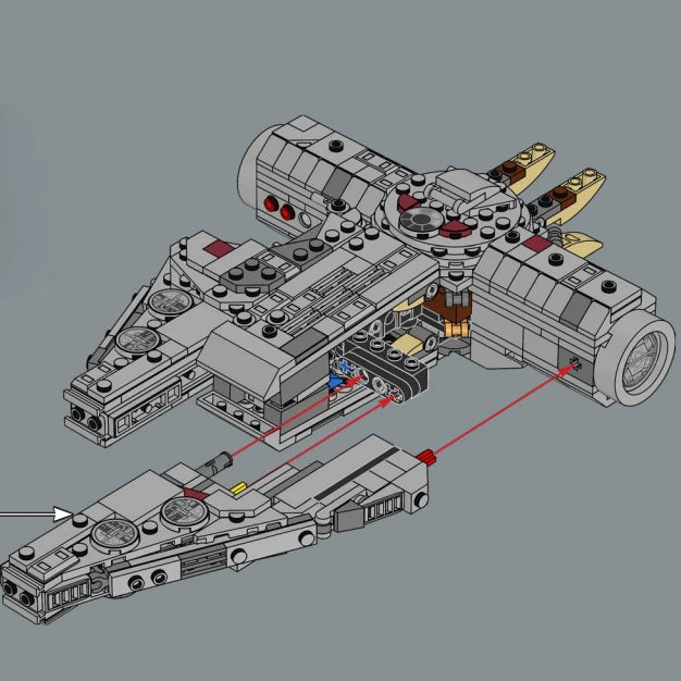 Modelo detallado de construcción del nave Millennium Falcon en vista descompuesta con líneas rojas que indican el ensamblaje
