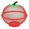 Red metal fruit basket with a mesh cover and storage organizer topped with a green leaf.