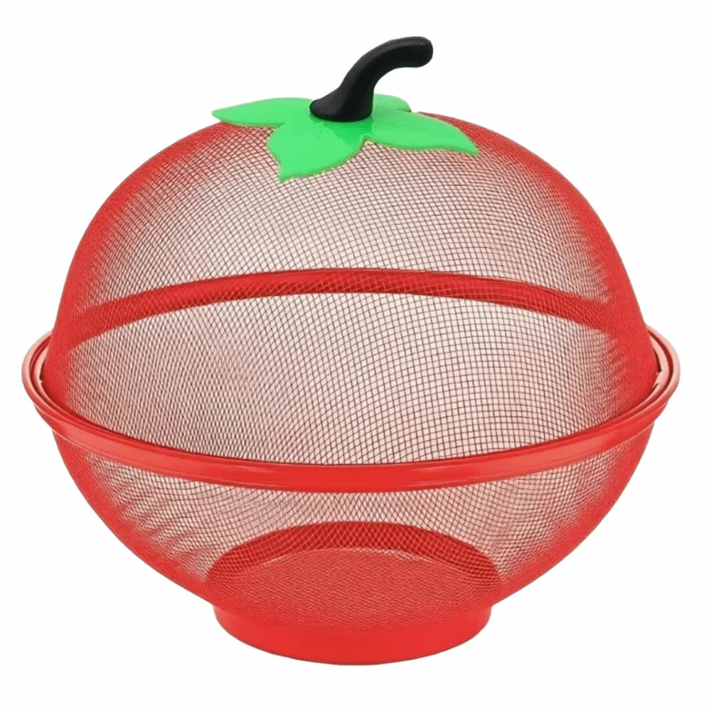 Red metal fruit basket with a mesh cover and storage organizer topped with a green leaf.