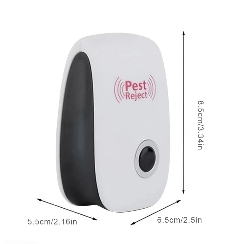 A white ultrasonic pest repellent device with a black section, shown from the side.