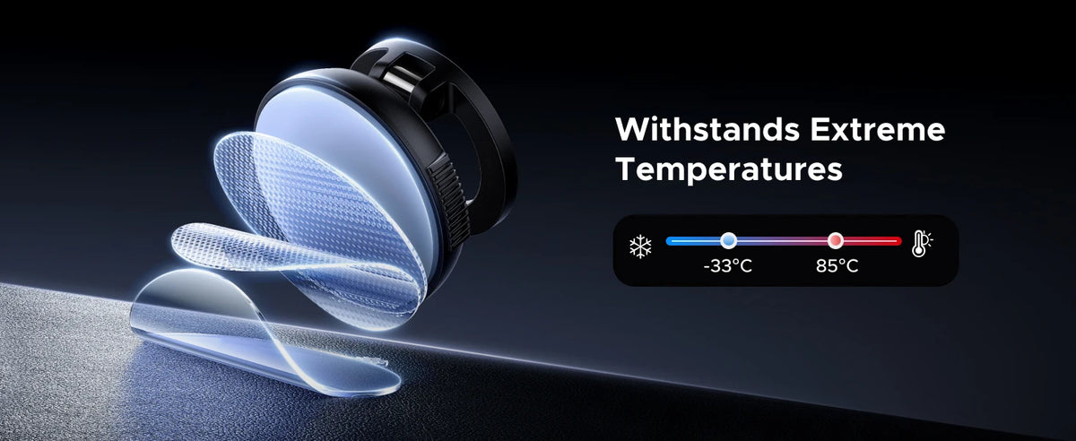 A close-up of a magnetic car phone mount with a suction cup, demonstrating its ability to withstand extreme temperatures.