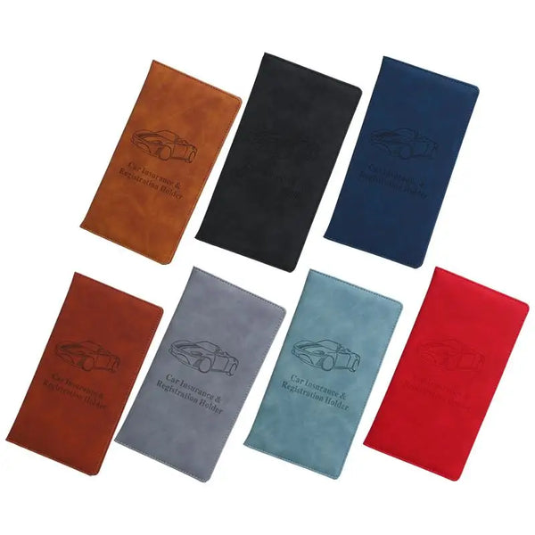 A set of five slim car document and insurance holders in various colors including brown, black, blue, and red.