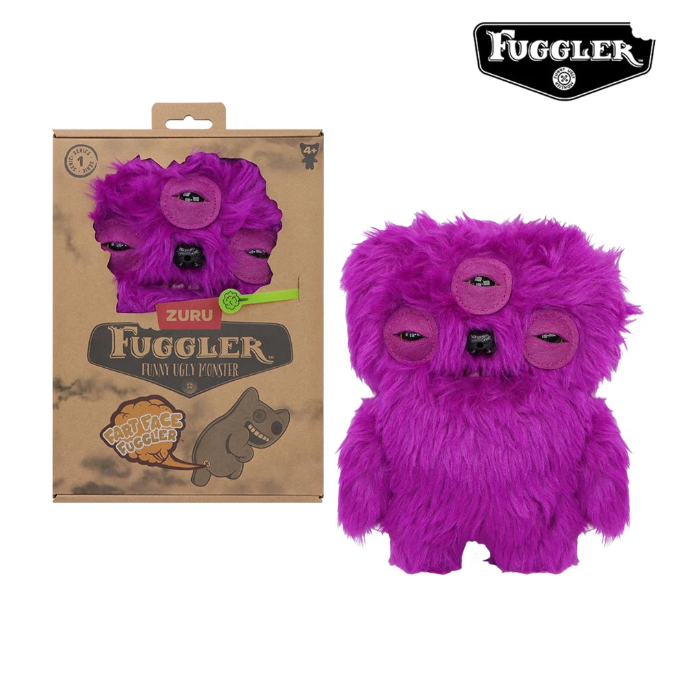 A purple Fuggler Ugly Monster plush toy with large eyes and funny teeth is shown next to its packaging.