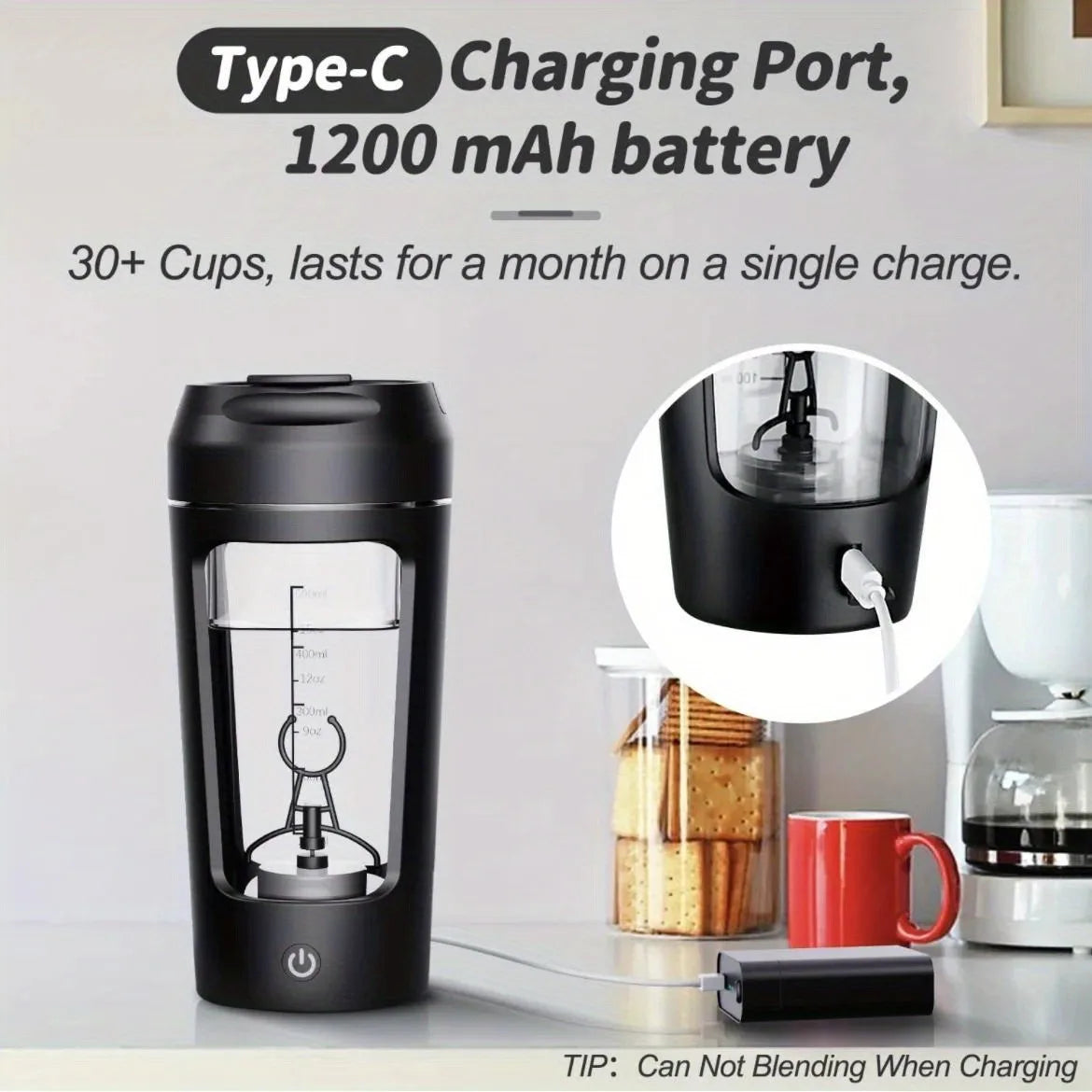 A black Type-C charging port protein shaker bottle is shown on a table.