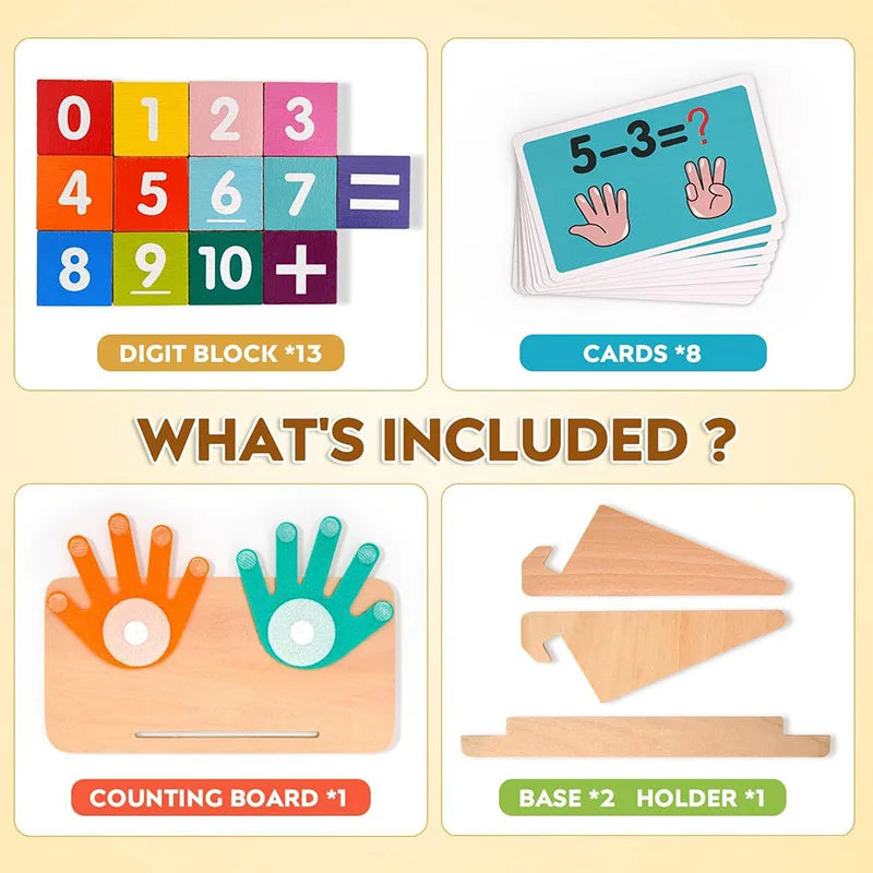Montessori wooden counting toy set including digit blocks, cards, and a base holder for toddlers