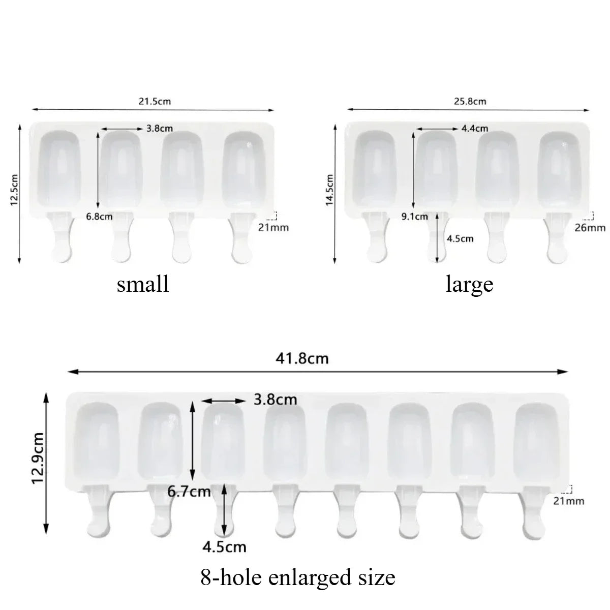 Silicone popsicle molds in small, large, and 8-hole enlarged sizes shown with dimensions.