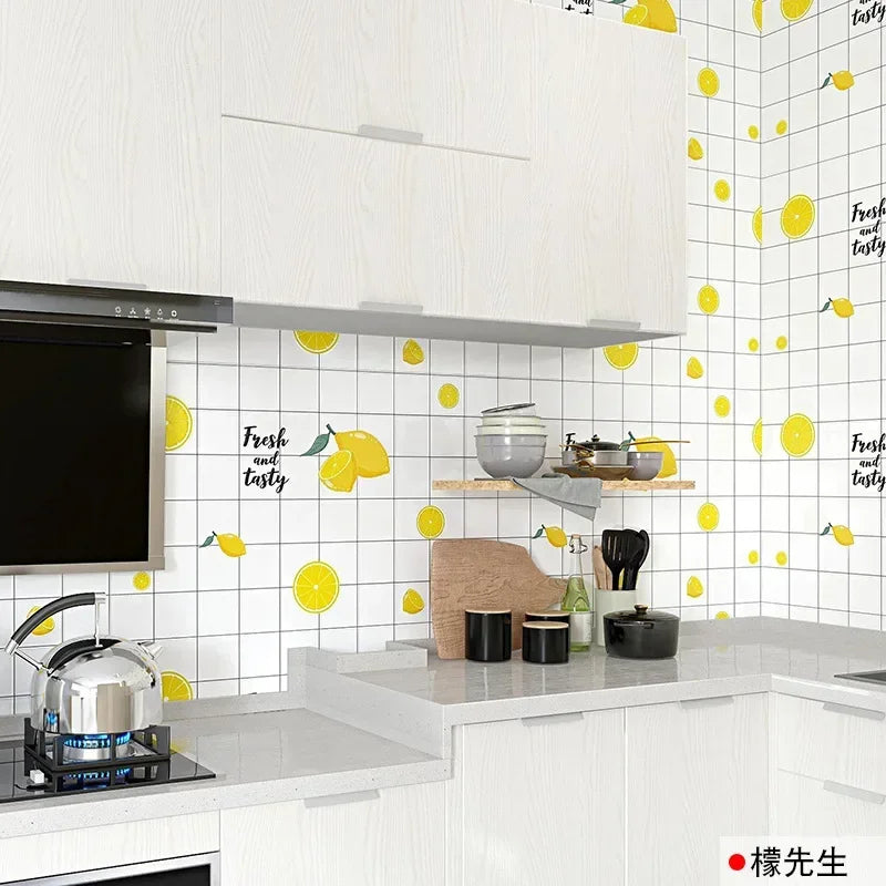 White kitchen cabinets and countertop with a yellow citrus fruit pattern splashback sticker.