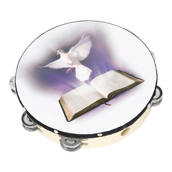 A wooden hand tambourine with steel jingles featuring a white dove in flight against a purple background.