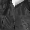 Close-up view of a black faux leather biker vest showing details of the fabric and stitching.