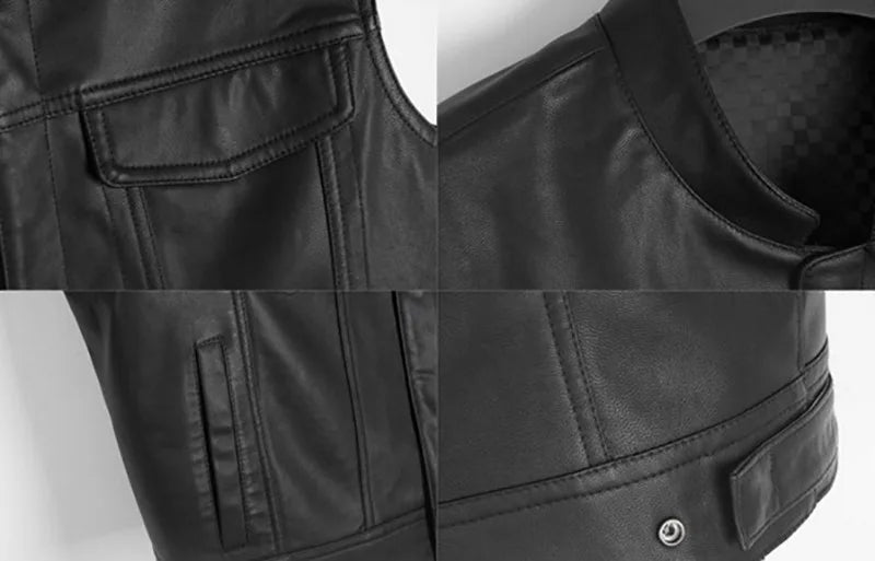 Close-up view of a black faux leather biker vest showing details of the fabric and stitching.