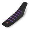 Black motorcycle seat cover with purple ribbed stripes and a Power Zone logo