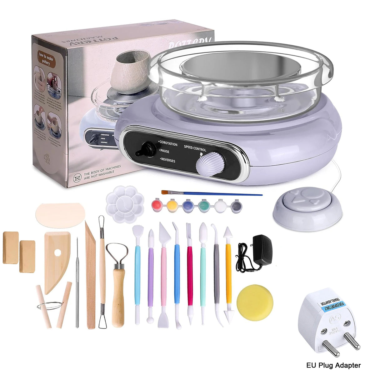 A mini pottery wheel kit for beginners showing the wheel, tools, and an EU plug adapter.