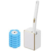 A white wall-mounted disposable toilet brush set with a long handle and a square base.