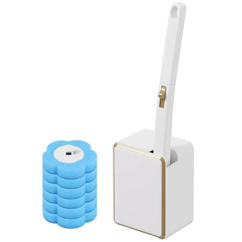 A white wall-mounted disposable toilet brush set with a long handle and a square base.