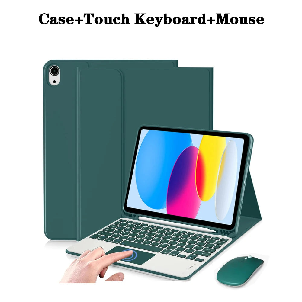 A green detachable wireless keyboard case for an iPad, showing the keyboard and mouse components.