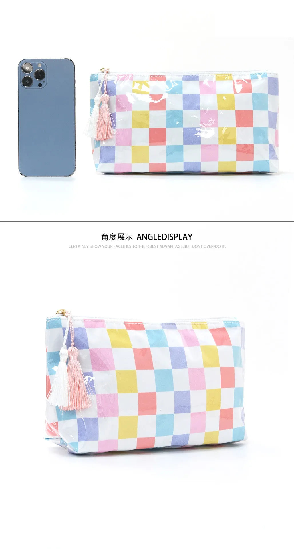 Large-Capacity Striped Cosmetic Bag with Contrasting Design