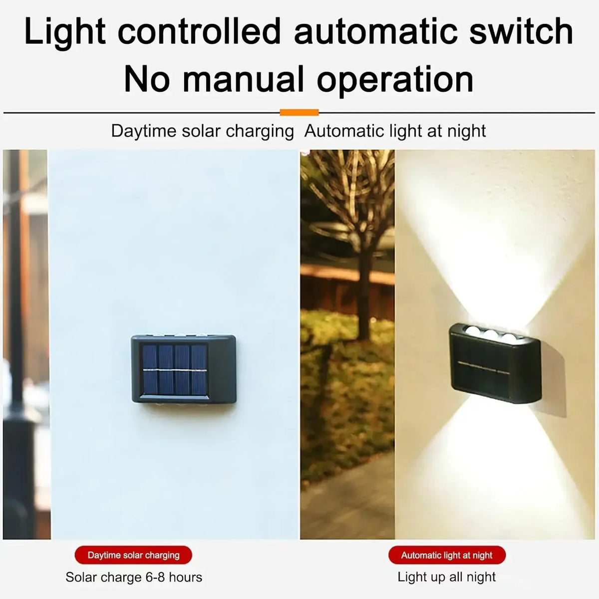 A black solar powered outdoor wall light illuminating a wall with upward and downward light.