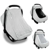 Gray breathable 2-in-1 car seat cover and mosquito net for babies shown in various angles