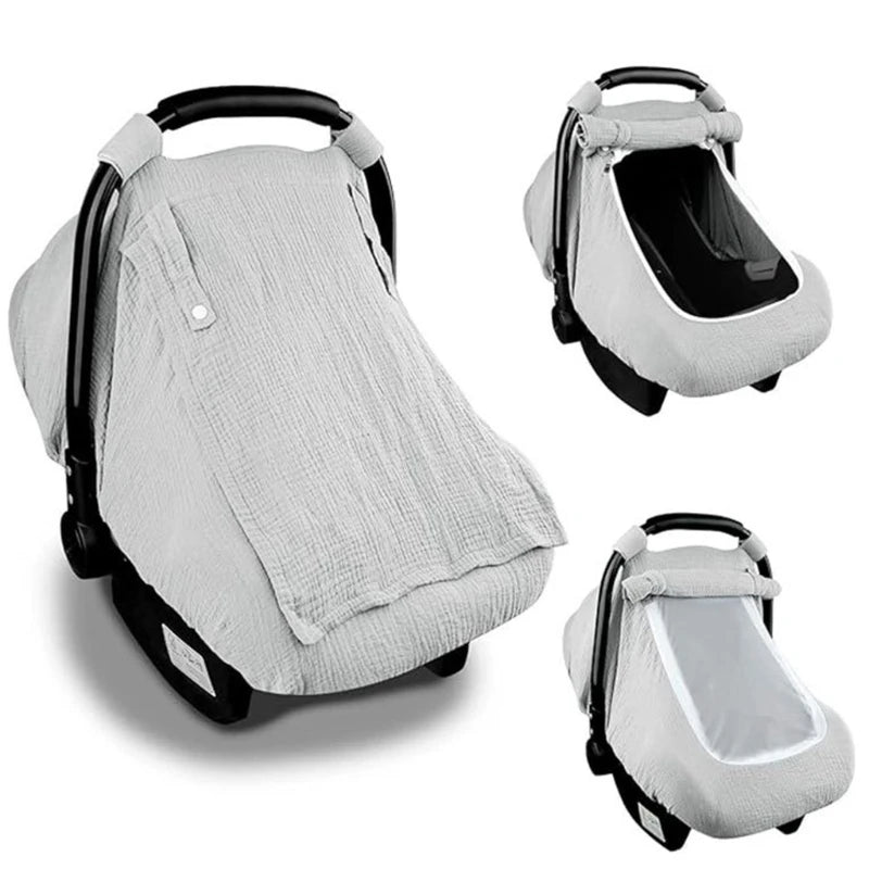 Gray breathable 2-in-1 car seat cover and mosquito net for babies shown in various angles
