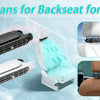 Portable car seat cooling fans for kids shown in black and white on a car backseat.