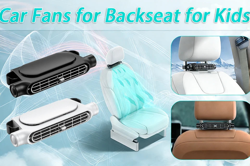 Portable car seat cooling fans for kids shown in black and white on a car backseat.