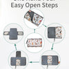Four easy open steps showing how to use a foldable baby changing mat with a waterproof cover and storage bag