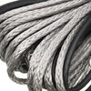 Close-up of a thick, gray braided synthetic winch rope coiled within a black protective sheath.