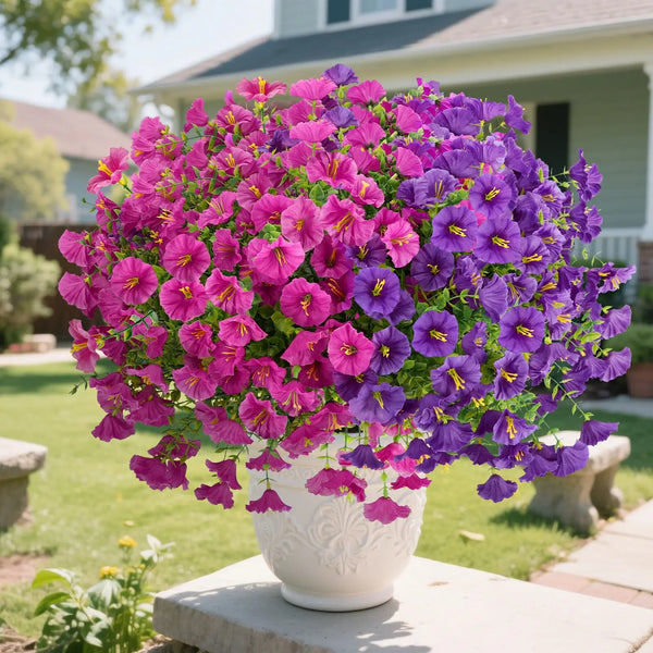 A vibrant bouquet of purple and pink petunia flowers in a white vase displayed outdoors.