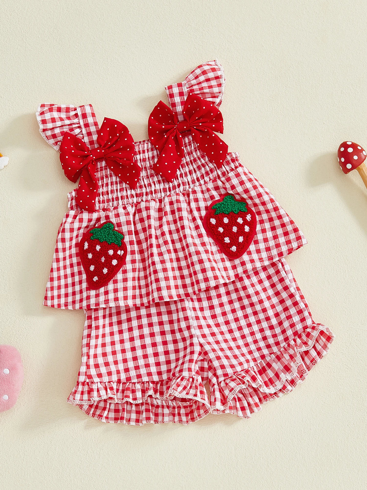 Strawberry Embroidered Plaid Tank Top and Shorts Set for Toddler Girls