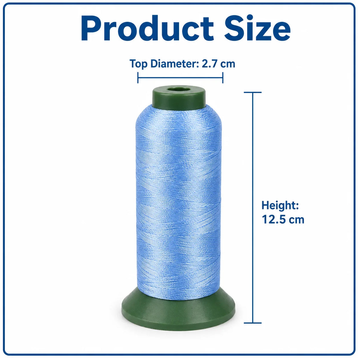 A spool of blue heavy-duty nylon sewing thread with a top diameter of 2.7 cm and a height of 12.5 cm.