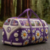 Purple quilted travel duffle bag with white daisy stitching set against a forest background