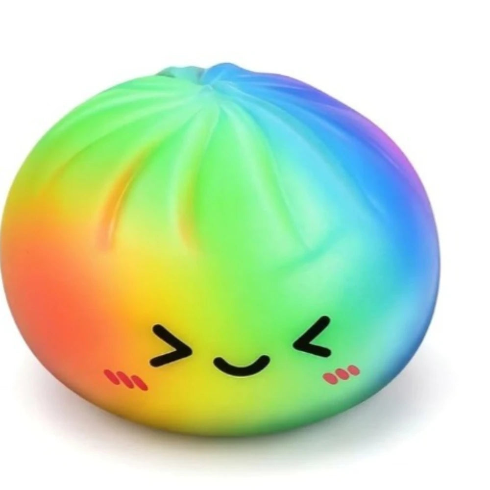 A brightly colored, translucent squishy toy shaped like a dumpling with a smiling face.